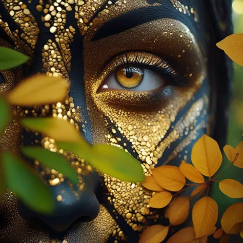 arafed woman with gold and black face paint and gold leaves