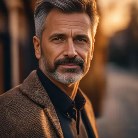 a man with a beard and a suit jacket standing in front of a building