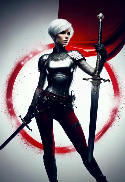 (((inkpunk style illustration))) of a beautiful female swordsman with (only (black or silver or red) colors) short hair, (((full body))), circle of air in the background, (((white background))), three color style,