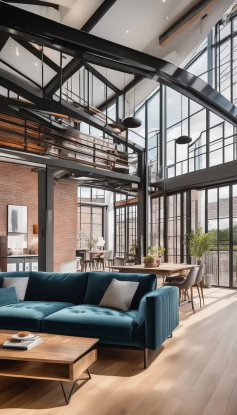 real estate photography style of a modern loft, professional, inviting, well-lit, high-resolution, property-focused, commercial, highly detailed