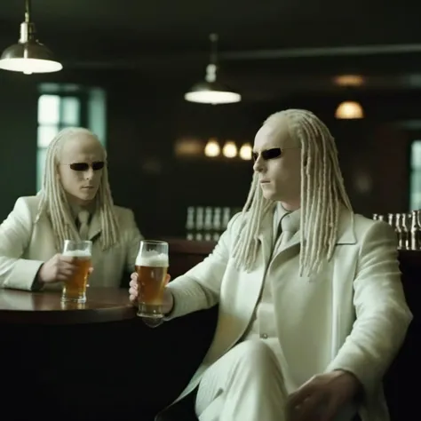 two men in white suits sitting at a bar with beer