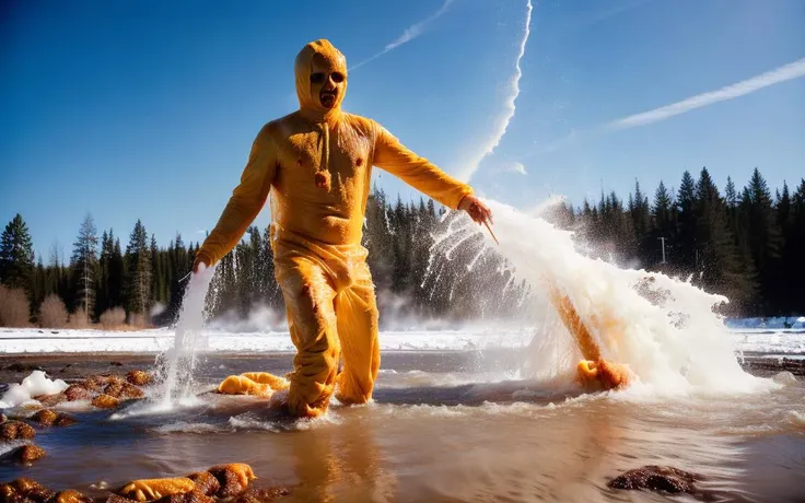 there is a man in a yellow suit splashing water on a river