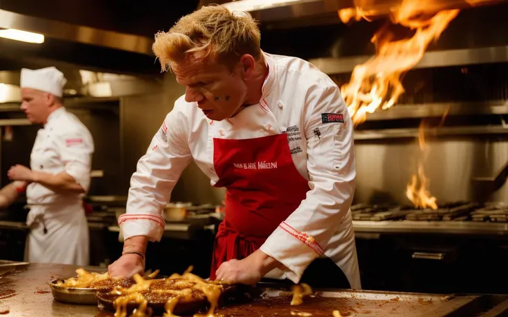 chefs in a kitchen preparing food on a grill with flames in the background