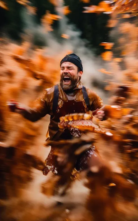 arafed man with beard and hat holding a pizza in the air