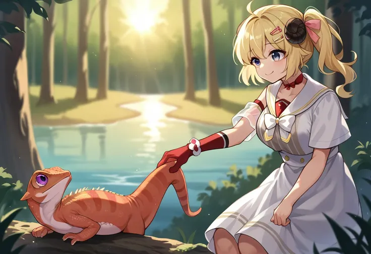 anime girl with a red glove petting a lizard in a forest