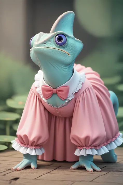 score_9, score_8_up, <lora:ChamChameleonPonyXL:1> Chameleon, teal lizard, feral, scales, pink dress, frills, bowtie, puffy sleeves