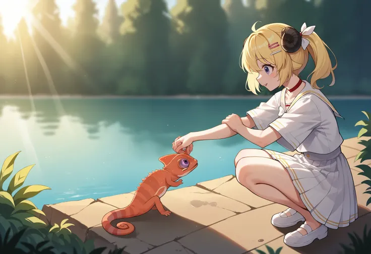 anime girl playing with a cat near a lake