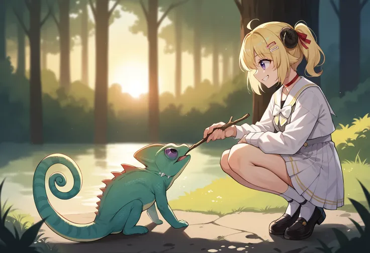 anime girl kneeling down to pet a lizard in a forest