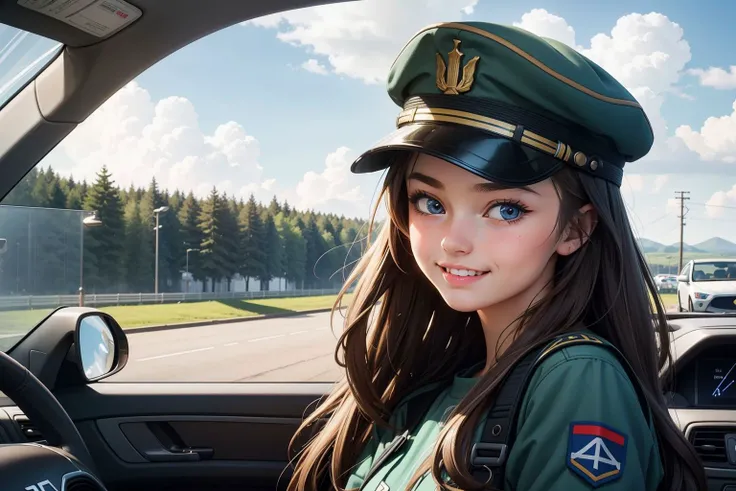 masterpiece, best illustration, 1 girl is AIDA_pim2023 , russian pilot, inside a car, smile,hat