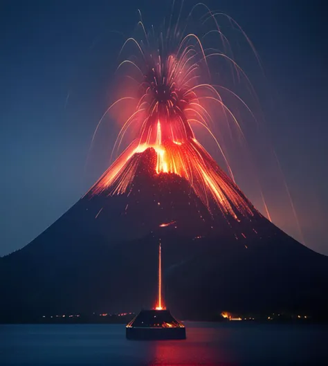 a large volcano with a boat in the water and a red light