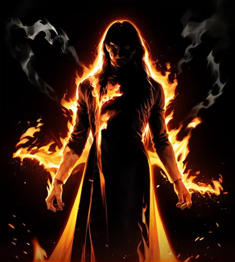 a woman in a black robe standing in front of a fire