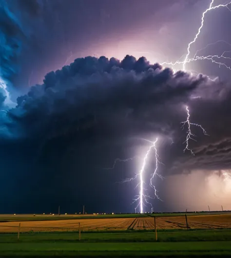 a close up of a lightning bolt hitting a field with a sky background