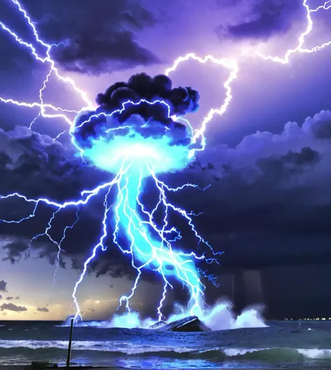 lightning and thunder over the ocean with a boat in the background