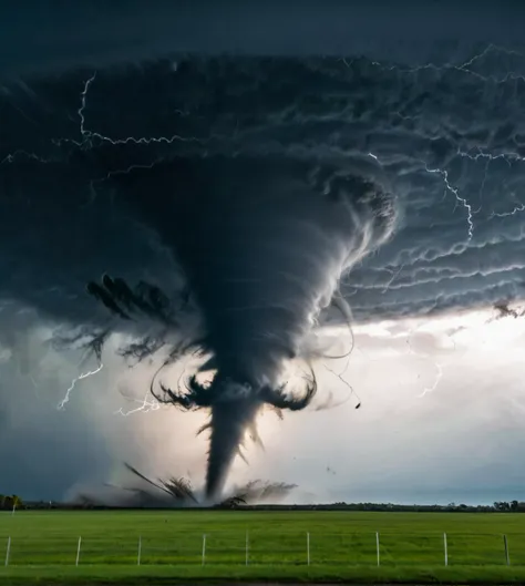 a large tornado cloud is seen in the sky over a field