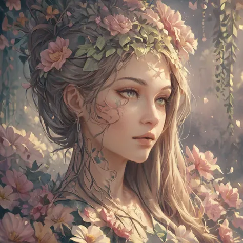 a woman with a flower crown on her head and a flower crown on her head