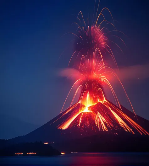 a large red and white firework is lit up in the sky