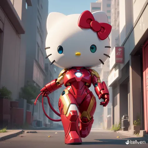 hello_kitty,1girl,blue eyes,iron man,on the street,tail,full body,looking at viewer,solo,<lora:hello_kitty-09:1>,