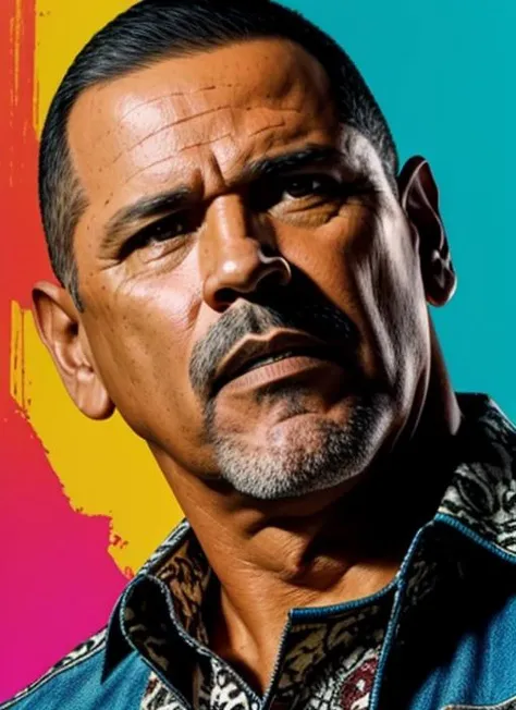 <lora:tuco:1>, close up portrait Tuco Salamanka as cartel killer hold axe (masterpiece, award winning, best quality:1.3), (flat color:1.3),(colorful:1.3),looking at viewer,man,((solo)),floating in colorful (2D:1.3), perfect lighting, perfect shading, (real...