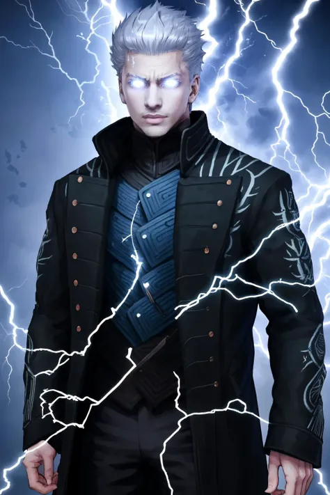 a close up of a person in a suit and tie with lightning