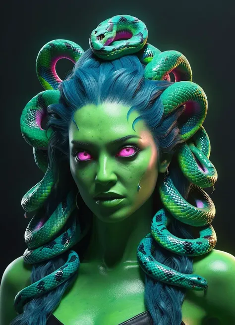 a woman with blue hair and green skin with a snake on her head