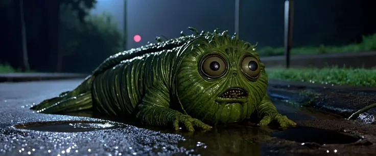 alien-themed film still from 70s exploitation movie,  a creepy mutated zucchini creature with elongated fingers and sad eyes peaking from a manhole on a rainy street at night, extraterrestrial, cosmic, otherworldly, mysterious, sci-fi, highly detailed, hig...