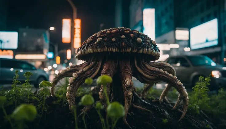 cinematic photo cinematic film still a Fungal horror monster devouring a city, large scale, eerie, mixed media, digital art, trending on artstation, 8k, epic composition, highly detailed, AAA graphics, high budget, bokeh, cinemascope, moody, epic, gorgeous...