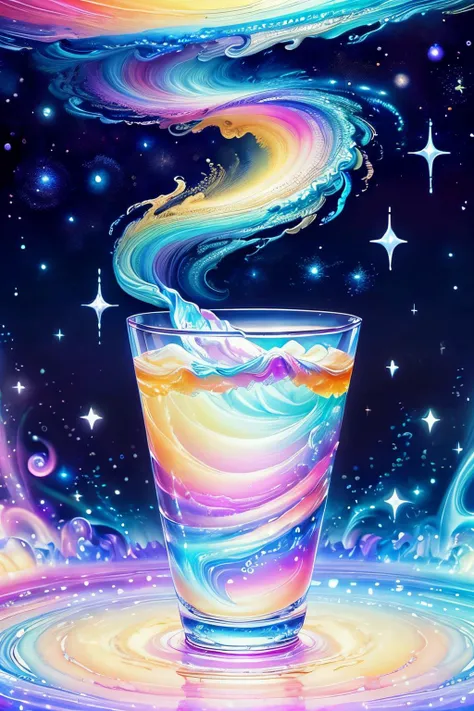 masterpiece, kawaiitech, (tall glass) of the most expensive water in the world, style-swirlmagic, kawaii, pastel color, intricate, detailed, sharp focus, surrounded by swirls of sparkling water, stardust, big bang, rainbow maelstrom, vaporwave, galaxy back...