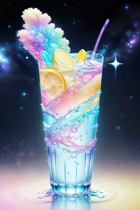 masterpiece, kawaiitech, tall glass of the most expensive water in the world, kawaii, pastel color, intricate, detailed, sharp focus, surrounded by swirls of sparkling water, stardust, vaporwave, galaxy background, style-swirlmagic:0.8 <lora:KawaiiTech:1>