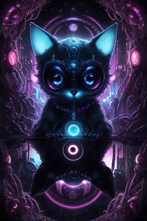 a black cat with glowing eyes and glowing eyes sits in a circular frame