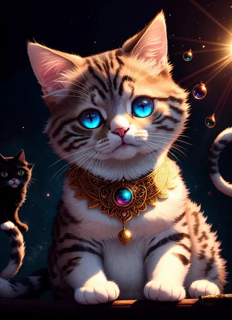 ((Cute and adorable cat)):1.7), smiling, glowing smoke neon eyes, fantasy, (sunlight:1.3), sunbeam, intricate detail. 8k, dreamlike, surrealism, super cute, symmetrical, bright lighting, trending on artstation, intricate details, highly detailed, unreal en...