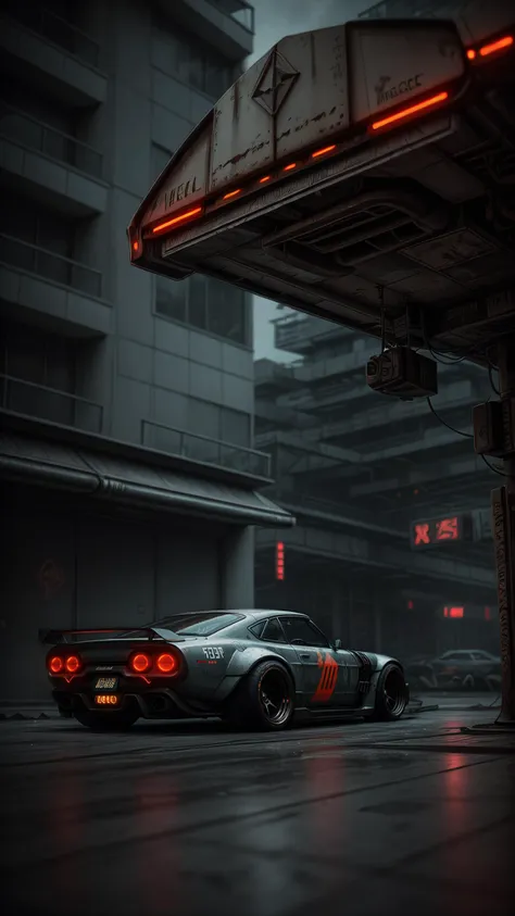 A photo of a (red futuristic cyberpunk car:1.2), black deep dish race wheels, wide bodykit, zeekars, <lora:zeekars:0.65>,  in an cyberpunk city background, beautiful sunset, the buildings are covered in graffiti, many buildings have (neon signs:1.3), The c...