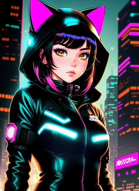 Beautiful, high-quality artwork of an (anime cat girl:1.2) 3/4 view in a (cyberpunk city:1.2), with (neon lights:1.1) reflecting off her (shiny, metallic suit:1.1), (cat ears:1.1) poking out of her (hooded helmet:1.1), and a (sharp, sleek tail:1.1) trailin...