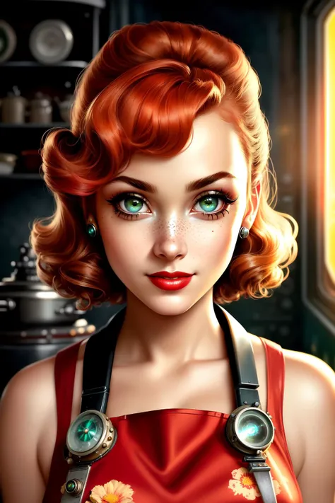 (atompunkstylesd15:1.2) (sharp focus:1.2), portrait, a 1950s house wife smiling, beautiful chef, up (close photo:1.2) (beautiful face:1.1), amazing body, sexy, detailed eyes, luscious lips, (cat eye makeup:0.85), (large eyes:1.0) (red hair:1.2), wearing (f...