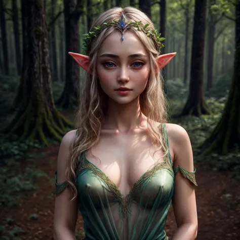 1girl, elven princess, small breasts, delicate features, subsurface scattering, looking at viewer, highly detailed, see-through dress, forest village, Fujifilm XT3, UHD, 4k, masterpiece, <lora:add_detail:0.65>