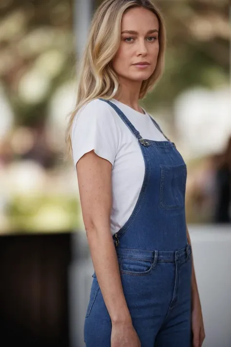 a woman in a white shirt and blue overalls stands in front of a building