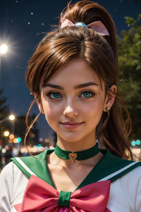 EPsmSailorJupiter, green eyes, brown hair, ponytail, earrings, choker, circlet, green sailor senshi uniform, pink bow, looking at viewer, smiling, close up, outside, park, trees, night time, stars, high quality, masterpiece, <lora:EPsmSailorJupiter:.8>