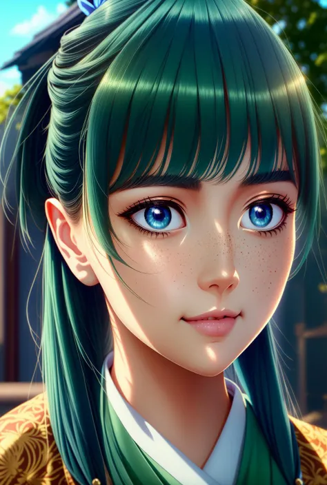 maomao, blue_eyes, green_hair, freckles, hair ribbon, <lora:ÐÐ°Ð¾Ð¼Ð°Ð¾ Ð¼Ð¾Ð½Ð¾Ð»Ð¾Ð³ ÑÐ°ÑÐ¼Ð°ÑÐµÐ²ÑÐ°(maomao, blue_eyes, green_hair, freckles, hair ribbon):1>kimono, 1girl in full growth, best quality, masterpiece, ultra-detailed, high quality, perf...