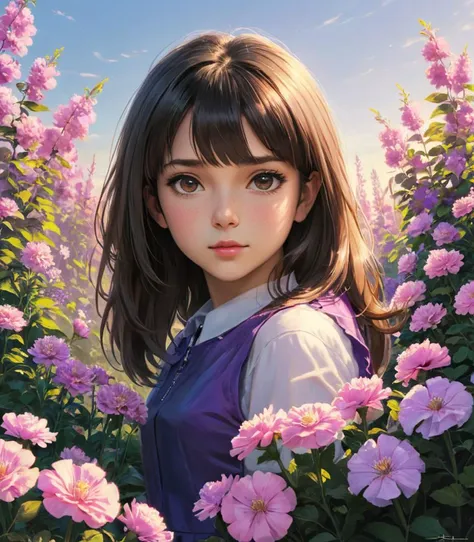 a girl in a purple dress standing in a field of flowers