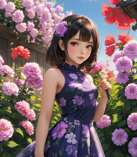 a woman in a purple dress standing in front of flowers