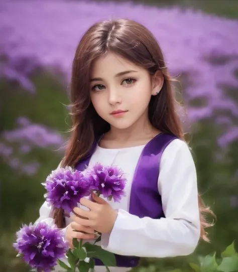 a close up of a young girl holding flowers in a field