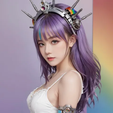 (Rainbow-colored background, mechanical legs, mechanical arms, stainless steel top, Rainbow-colored metal, bangs):1.6, (Rainbow-colored headdress, sharpening, sharpening face):1.3, 1girl, solo, face viewer, looking at viewer, lipstick, full body, cowboy sh...