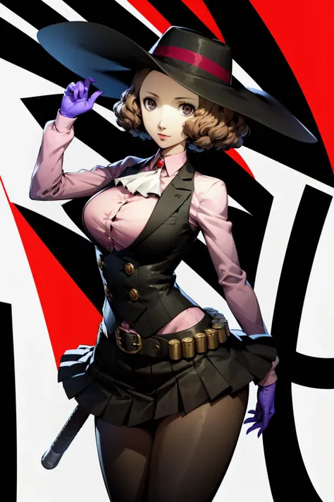 8k,best quality,ultra high res,front view,<lora:dsharu-v2_lc_768:0.8>,dsnoir,brown hair,short hair,brown eyes,pink shirt,ascot,skirt,vest,hat,hat feather,pantyhose,bandolier,purple gloves,posing,white background,<lora:persona 5 style:0.8>,adjusting_hat,