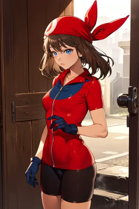 <lora:Takunomi_SD1.5_dim64:1>  <lora:May_Pokemon:0.75> zzMay, solo, blue eyes, brown hair, medium hair, perfect, red shirt, bike shorts, red bandana, red shirt, gloves, skirt,, absurdres, ultra detailed, masterpiece, best quality, aesthetic, detailed,