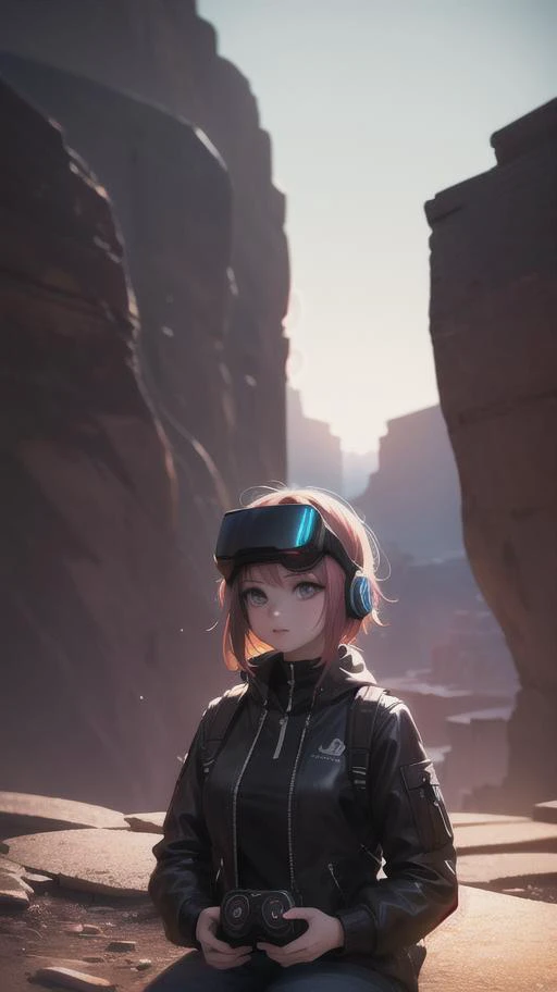 1girl, (symbolism art designed by Catherine Hyde:0.9) , 3D Rendering, Princecore, Cyberpunk [Toucan:Virtual reality headsets:3] Sitting at a Grand Canyon, Dramatic spotlight, F/1.8, anaglyph effect