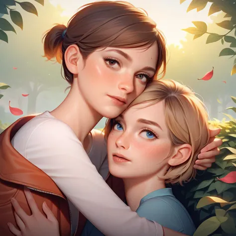 a painting of two young girls hugging each other in a garden