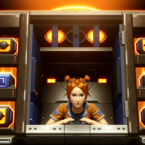 ruipc,((2000s video game screenshot)),playstation 2,gamecube,(128 bit ingame graphics), a woman with orange hair sitting in a dark futuristic jail cell,armored glass barrier, <lora:RuiLora-11:0.7>