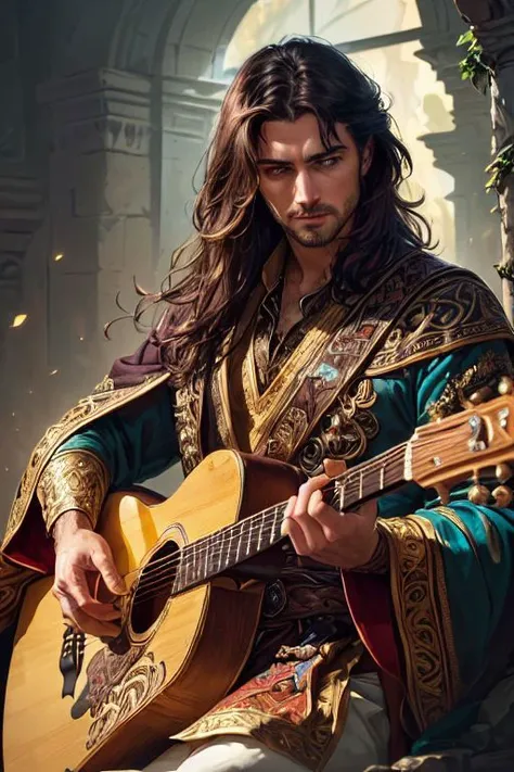 a man with long hair playing a guitar in a courtyard