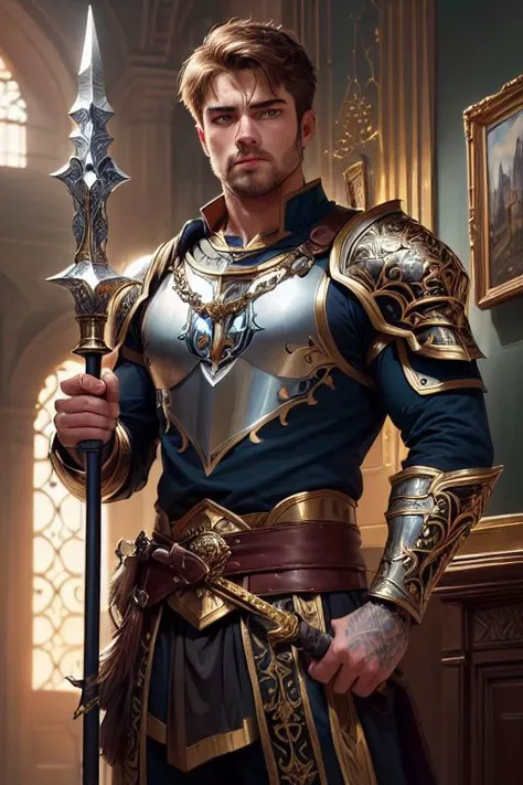 a man in armor holding a sword in a room