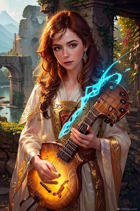 a woman in a medieval dress holding a guitar and a glowing flame