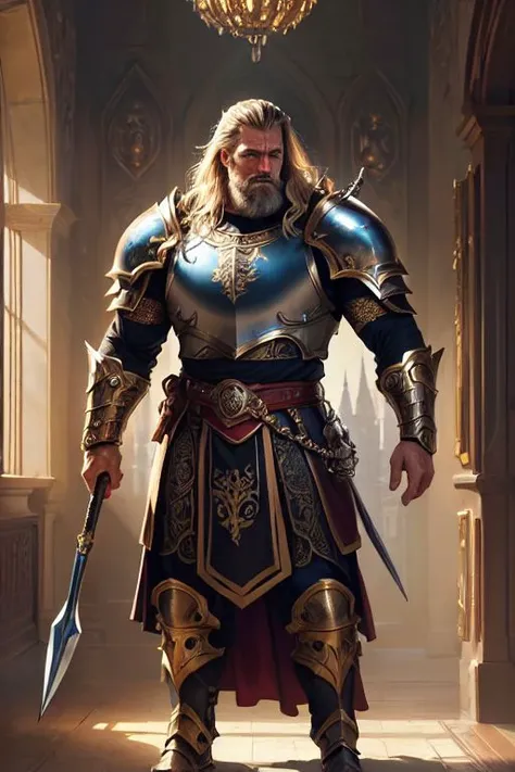 a man in armor standing in a hallway with a sword